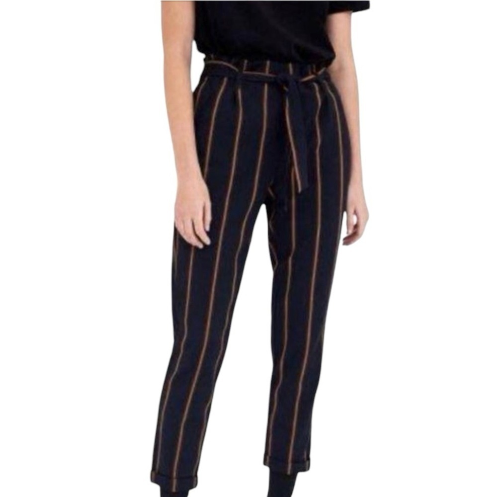 Zara Black Ankle Pants with Tan Pinstripes